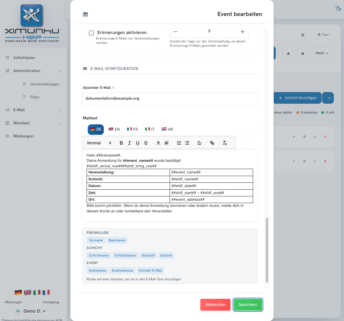 E-Mails & Erinnerungen — Screenshot aus der deutschsprachigen Staging-App. Zum Vergrössern anklicken.