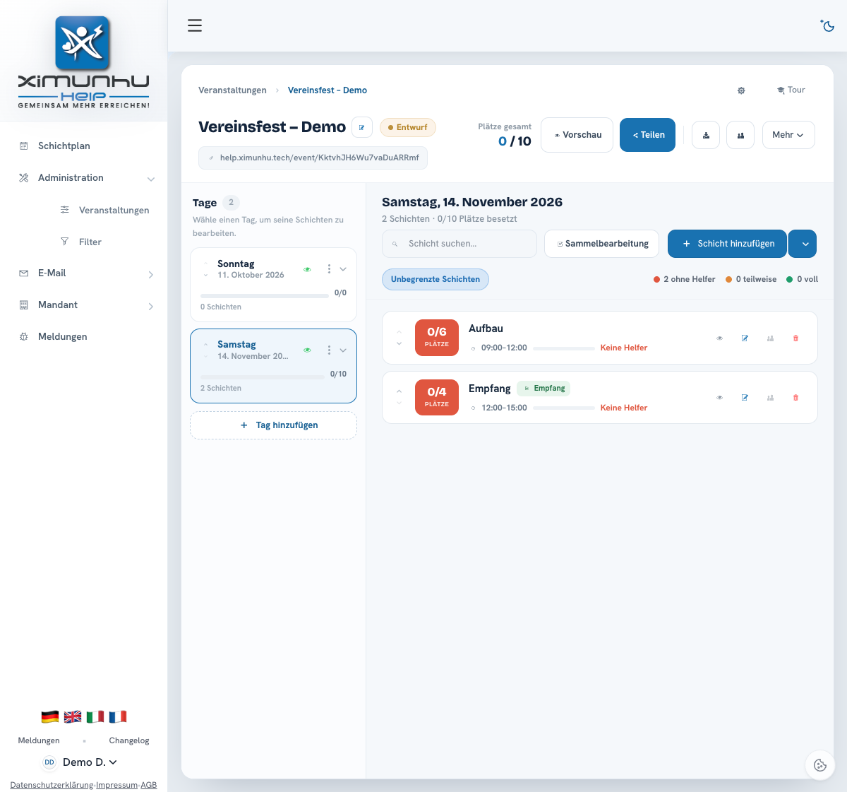 Tage, Schichten & Kapazitäten — Screenshot aus der deutschsprachigen Staging-App. Zum Vergrössern anklicken.
