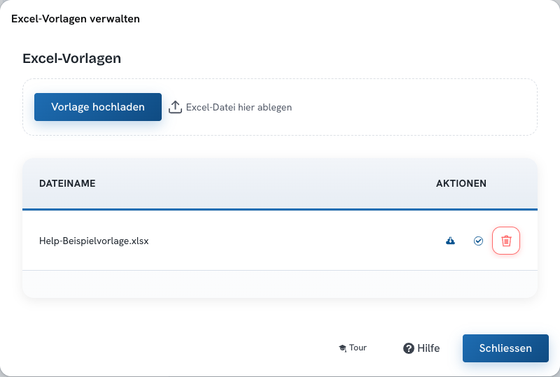 Vorlage hochladen: Veranstaltungen → Veranstaltung → Mehr → Excel-Vorlagen verwalten → Vorlage hochladen. Wähle die .xlsx-Datei. Nach dem Upload muss sie wie hier als eigene Zeile erscheinen.