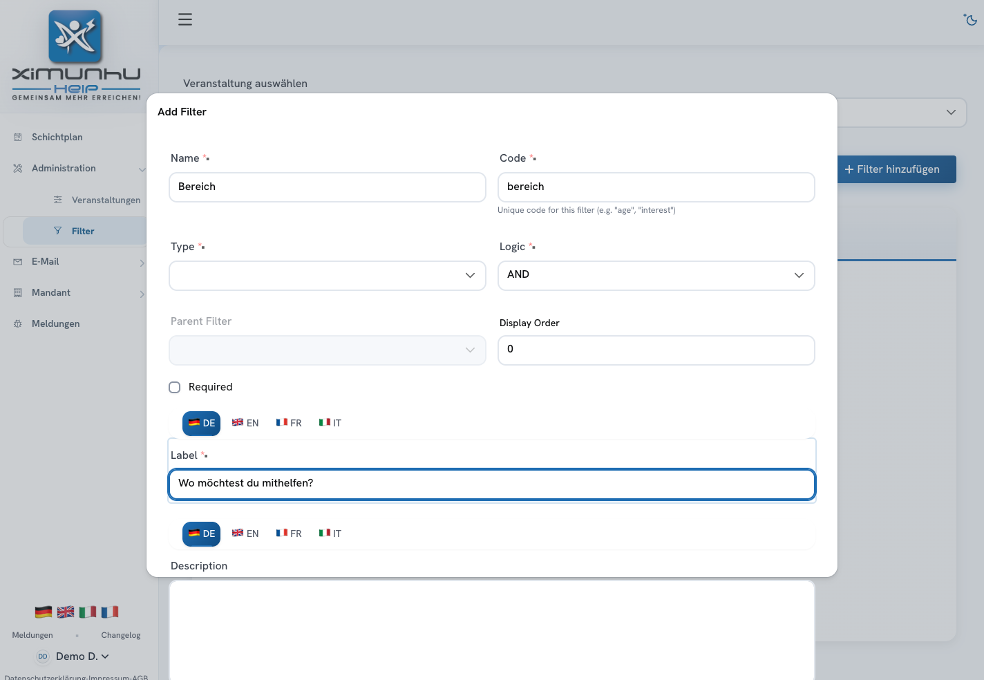 Filter & zusätzliche Fragen — Screenshot aus der deutschsprachigen Staging-App. Zum Vergrössern anklicken.