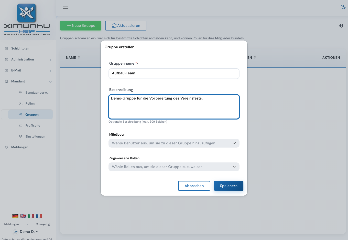 Benutzer, Gruppen & Rollen — Screenshot aus der deutschsprachigen Staging-App. Zum Vergrössern anklicken.