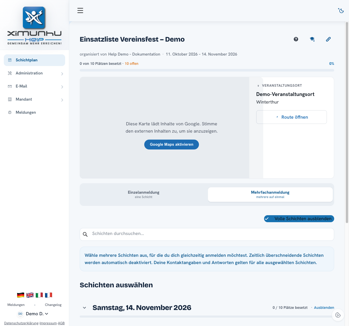 Mehrere Schichten & Mitbringen — Screenshot aus der deutschsprachigen Staging-App. Zum Vergrössern anklicken.