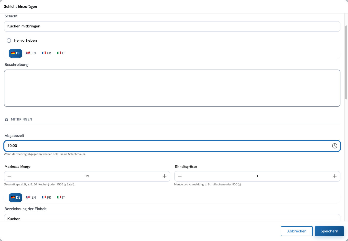 Mehrere Schichten & Mitbringen — Screenshot aus der deutschsprachigen Staging-App. Zum Vergrössern anklicken.