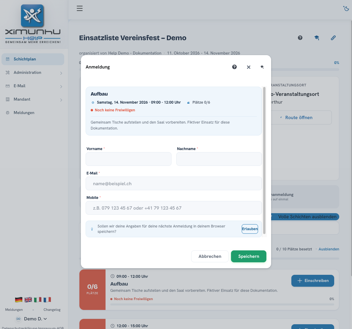 Für eine Schicht anmelden — Screenshot aus der deutschsprachigen Staging-App. Zum Vergrössern anklicken.