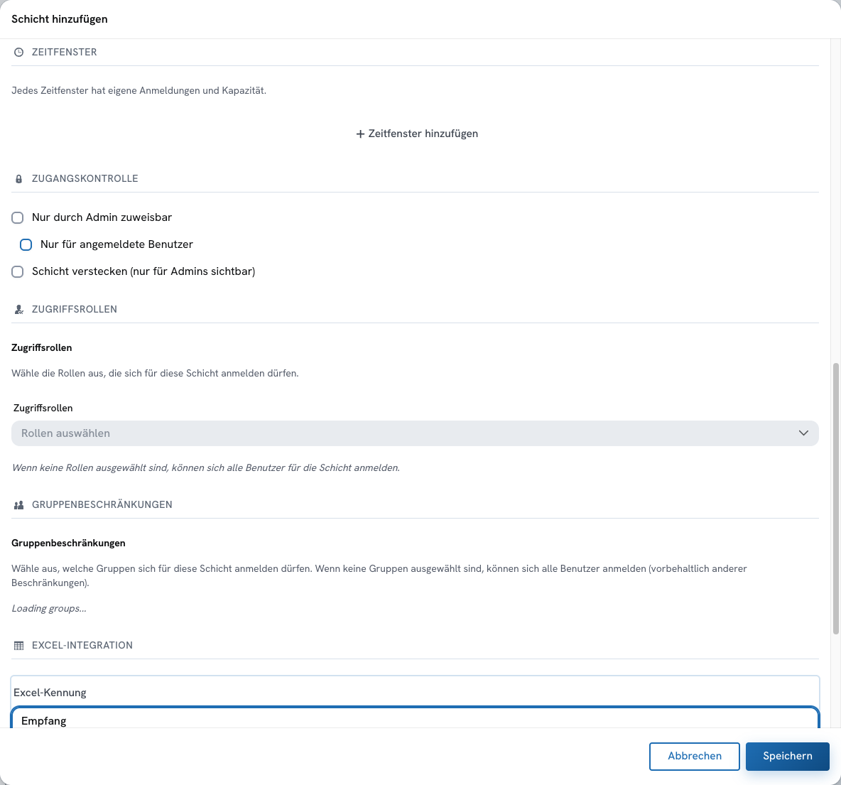 Tage, Schichten & Kapazitäten — Screenshot aus der deutschsprachigen Staging-App. Zum Vergrössern anklicken.
