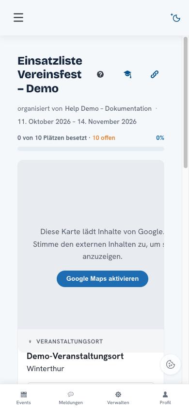 Hilfe, Darstellung & Grenzen — Screenshot aus der deutschsprachigen Staging-App. Zum Vergrössern anklicken.
