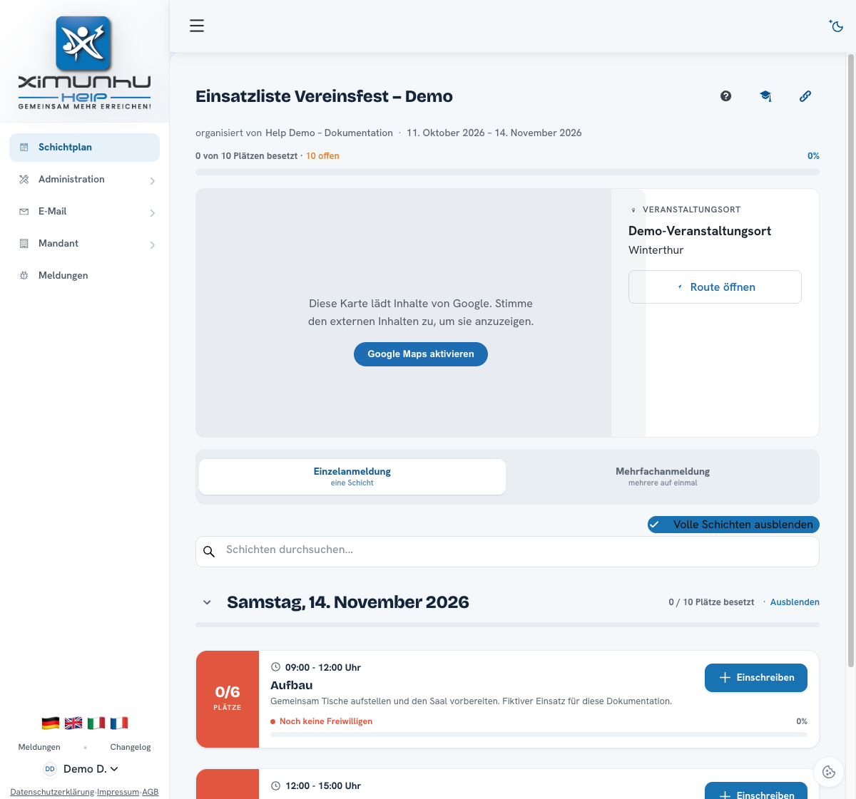Eine passende Schicht finden — Screenshot aus der deutschsprachigen Staging-App. Zum Vergrössern anklicken.